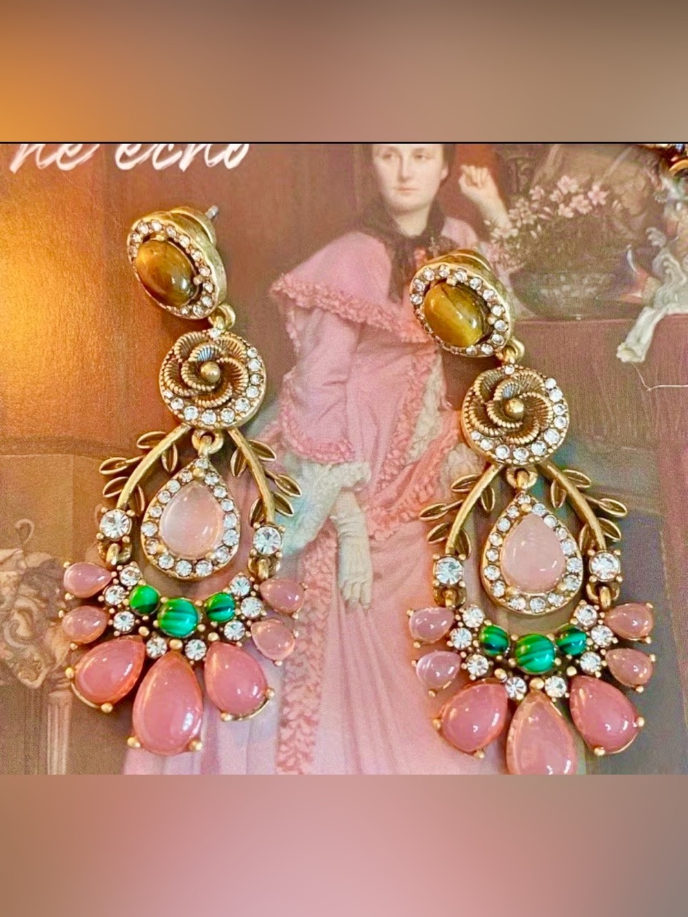 NWT Beautiful Pink & Green Teardrop Dangle Earrings - Picture 3 of 3